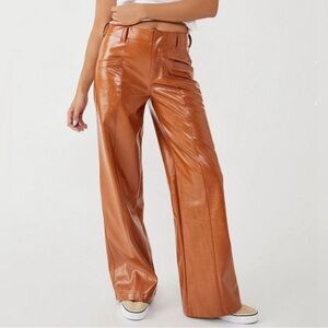 NWT Free People Star Crossed Lovers Brown Vegan Leather Wide Leg Pants size 10